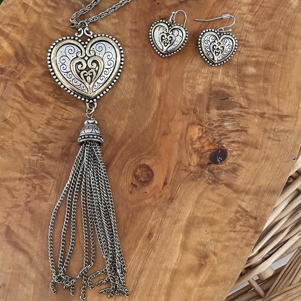 Tassle Heart Necklace & Earring Set Silver and Gold tone